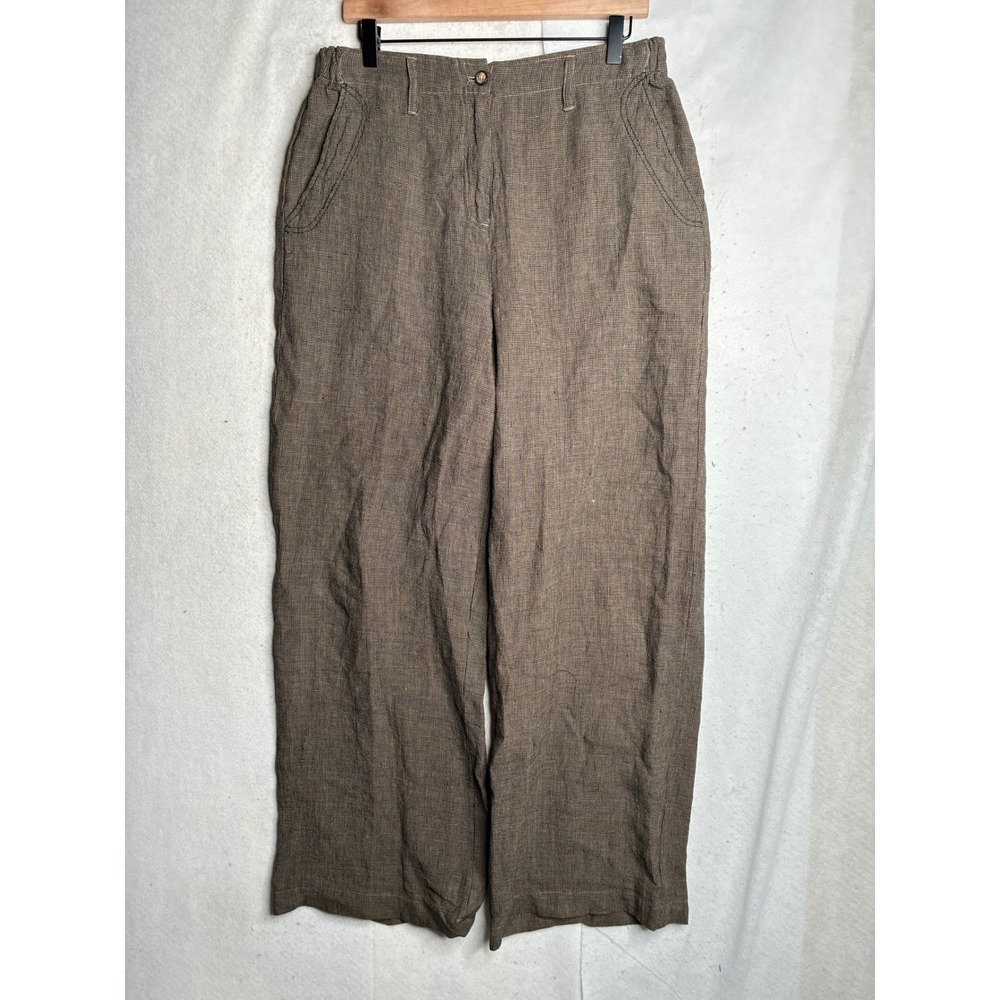 Poetry Brown Micro Check 100% Linen Wide Leg Pants Trousers Womens 10 UK 14